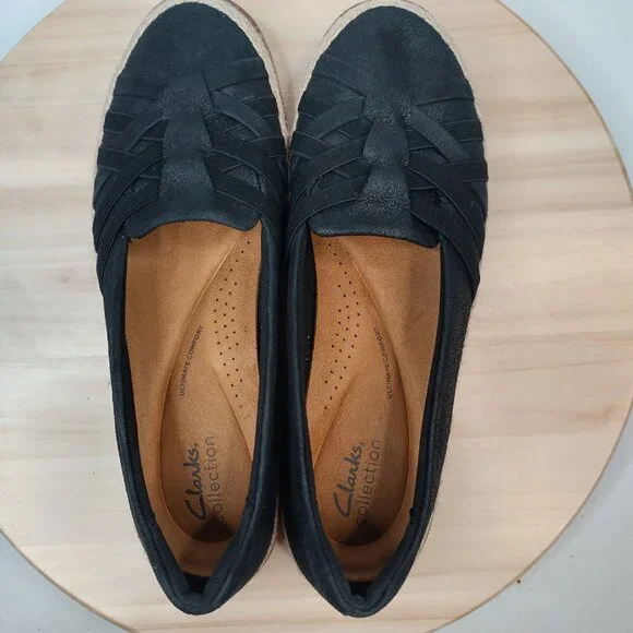 Clarks Collection Elaina Petal Woven Vamp Jute Trim Black Flats Women US 10M - Picture 8 of 13